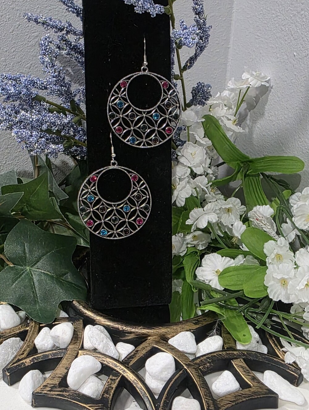 Silver Filigree Earrings with Pink & Blue Accents